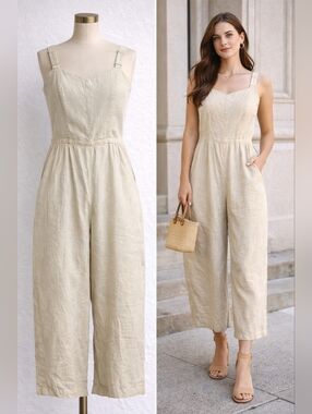 Old Navy Linen Blend Jumpsuit Beige Wide Leg Size M